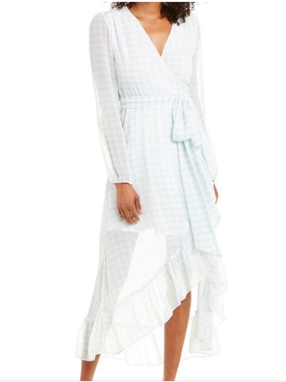WAYF Blue White Gingham Wrap Ruffle Hi Low Midi Dress NWT M Cottagecore